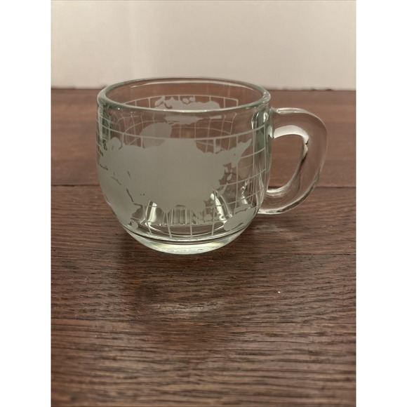 Nestle Coffee Mug - World Globe Map Etched Clear Glass Cup - Stackable - Vintage